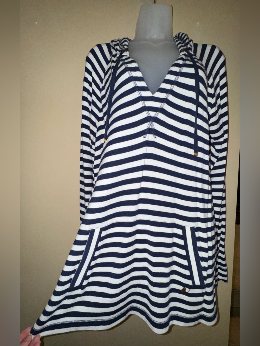 Lilly Pulitzer Navy and White Luxletic Striped Hooded Tunic
